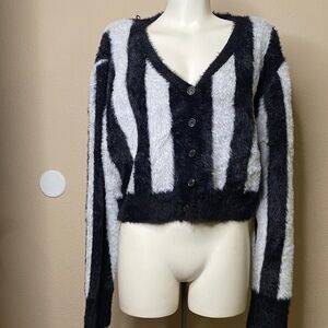 Black and White Striped super Fuzzy punk goth cropped Cardigan